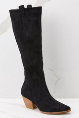 Outside view black high heel boots featuring a pointed toe and a stacked heel. 