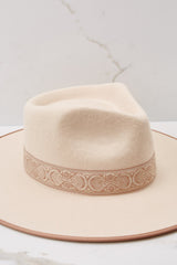 Close up view of this hat that is featuring a stiffened wool fedora with a rigid crown design, and trimmed with a tonal grosgrain ribbon.