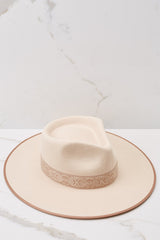 Top view of this hat that is featuring a stiffened wool fedora with a rigid crown design, and trimmed with a tonal grosgrain ribbon.