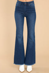 Front view of these jeans that feature a raw hemline.