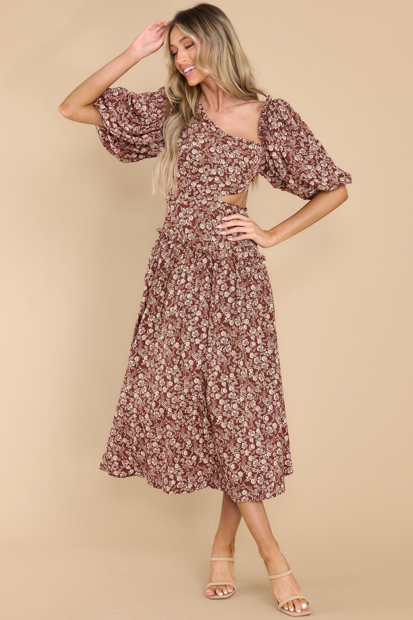 Know By Heart Brown Floral Print Midi Dress - Red Dress
