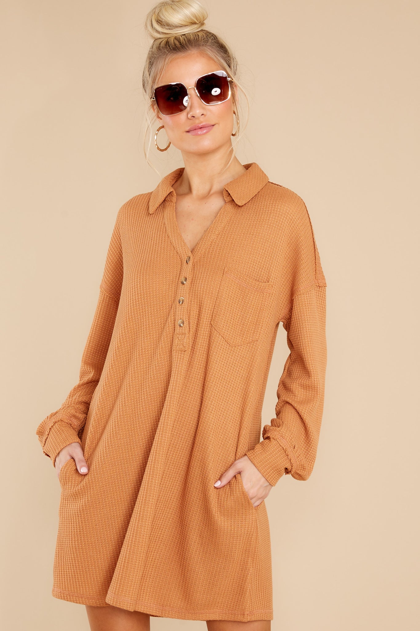 Know Your Worth Camel Waffle Knit Dress - Red Dress