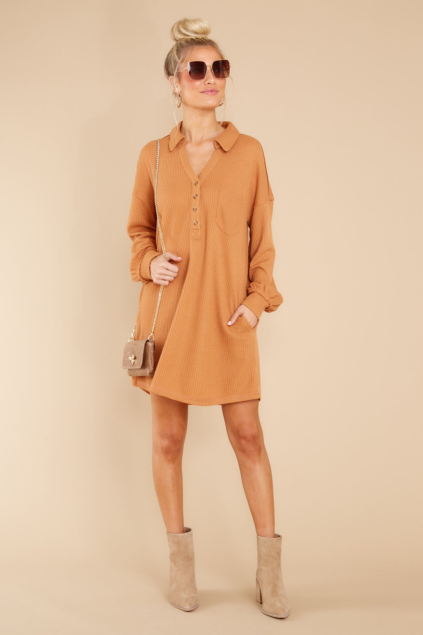 Know Your Worth Camel Waffle Knit Dress - Red Dress