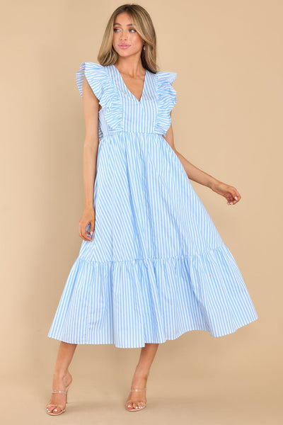 Pretty Blue Stripe Midi Dress - Casual Dresses