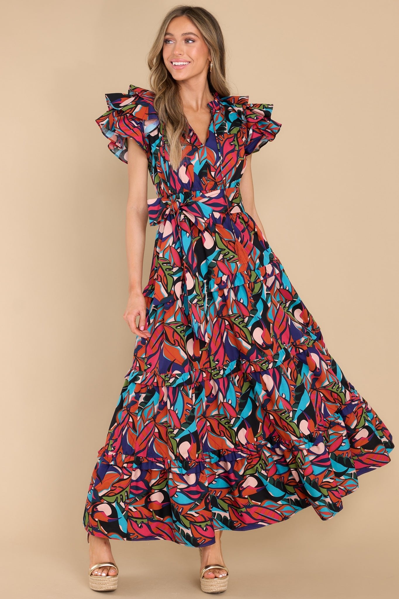 Lively Blue Multi Print Belted Dress - Maxi Dresses | Red Dress