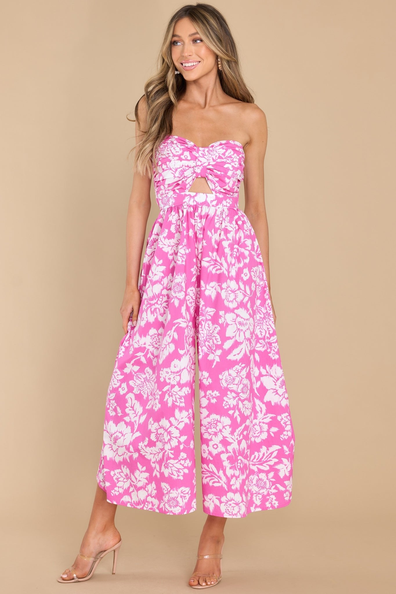 Living In The Sun Pink Floral Print Jumpsuit - Red Dress