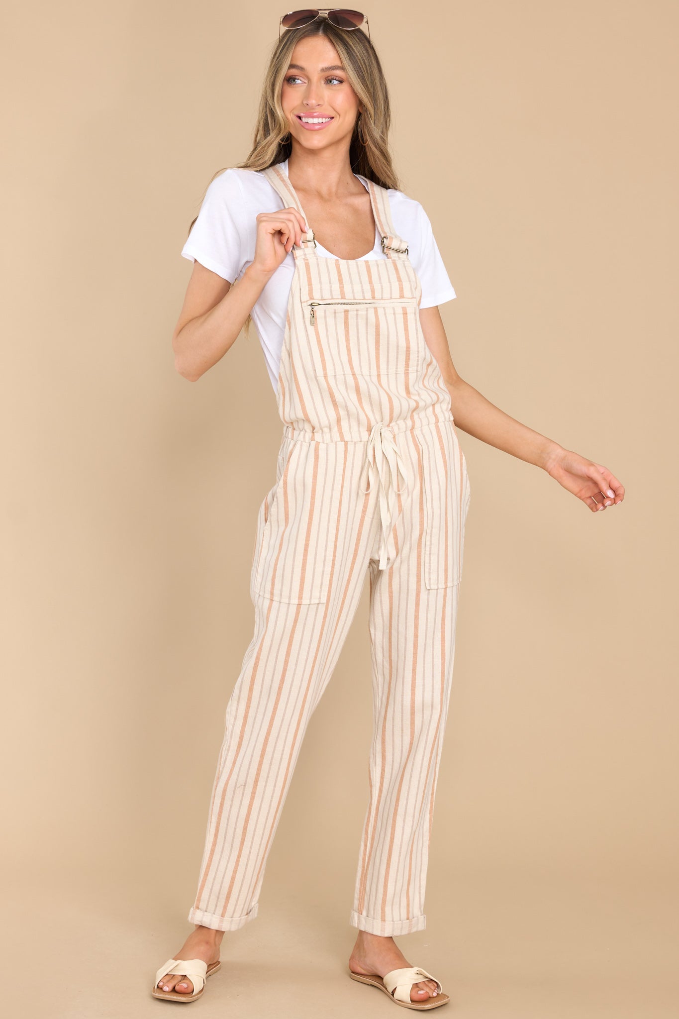 Loads Of Fun Ivory Striped Overalls - Red Dress