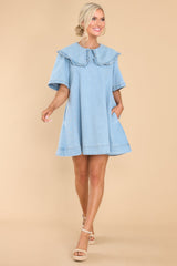 Full body view of this dress that features a high neckline with a ruffled collar, short sleeves functional zipper in the back, pockets, and chambray design.