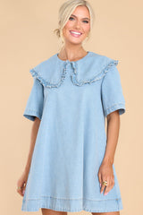 Front view of this dress that features a high neckline with a ruffled collar, short sleeves functional zipper in the back, pockets, and chambray design.