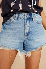 Loud And Clear Medium Wash Distressed Denim Shorts - Red Dress