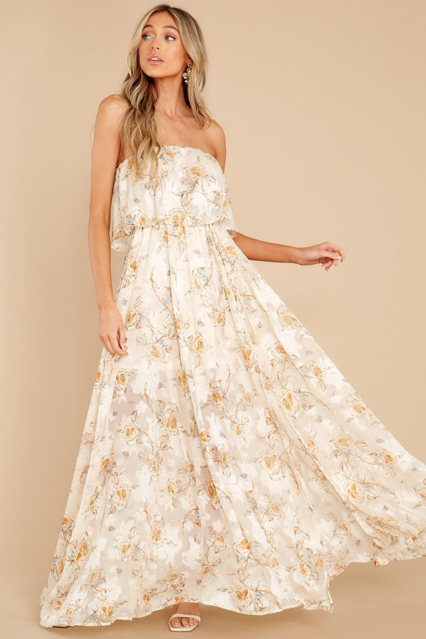 Lovely Vision Ivory Floral Print Maxi Dress - Red Dress