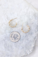 Gold encrusted double hoop earrings compared to quarter for actual size. Earrings measure 1.75