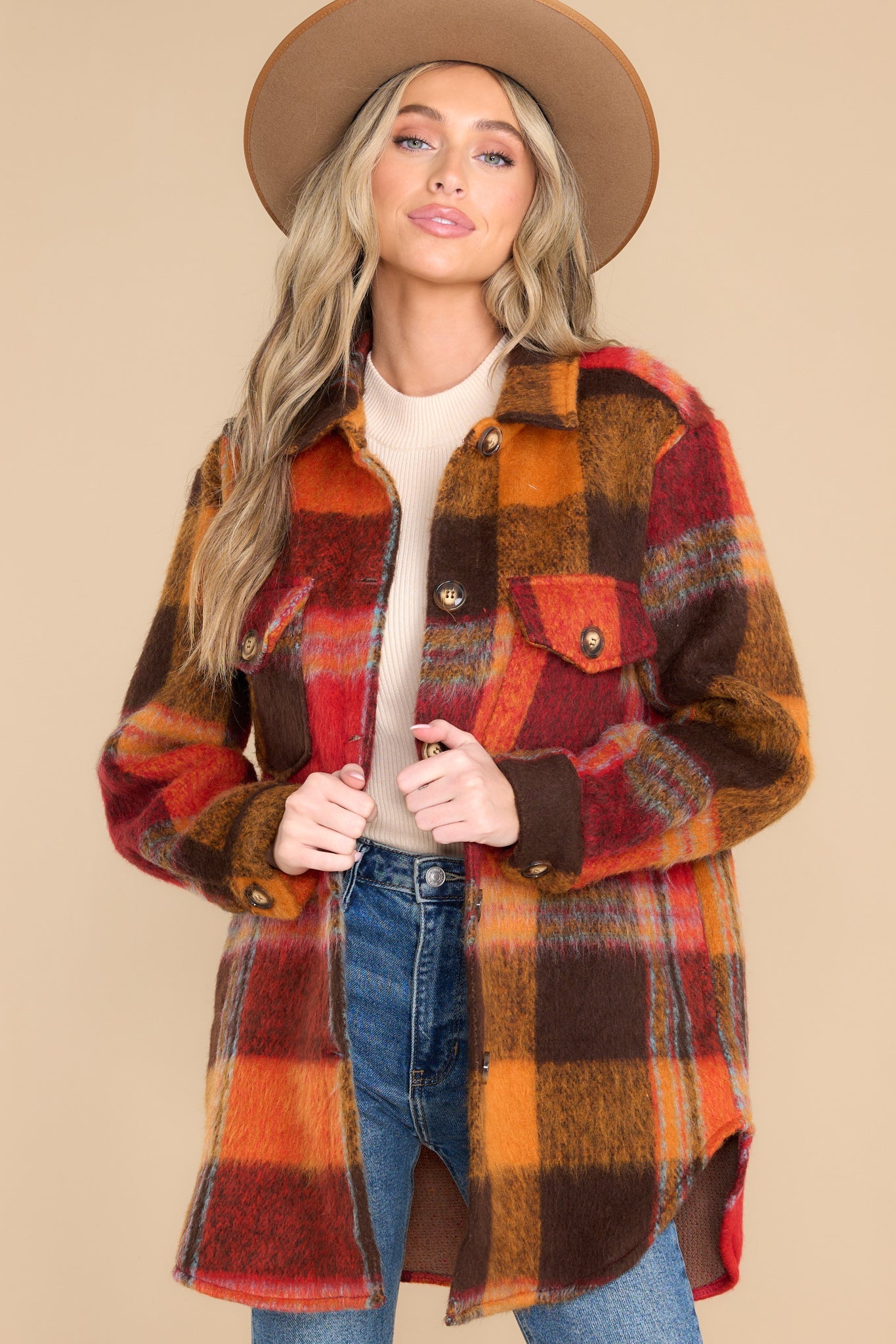 Mellow Out Chocolate Plaid Shacket - Red Dress