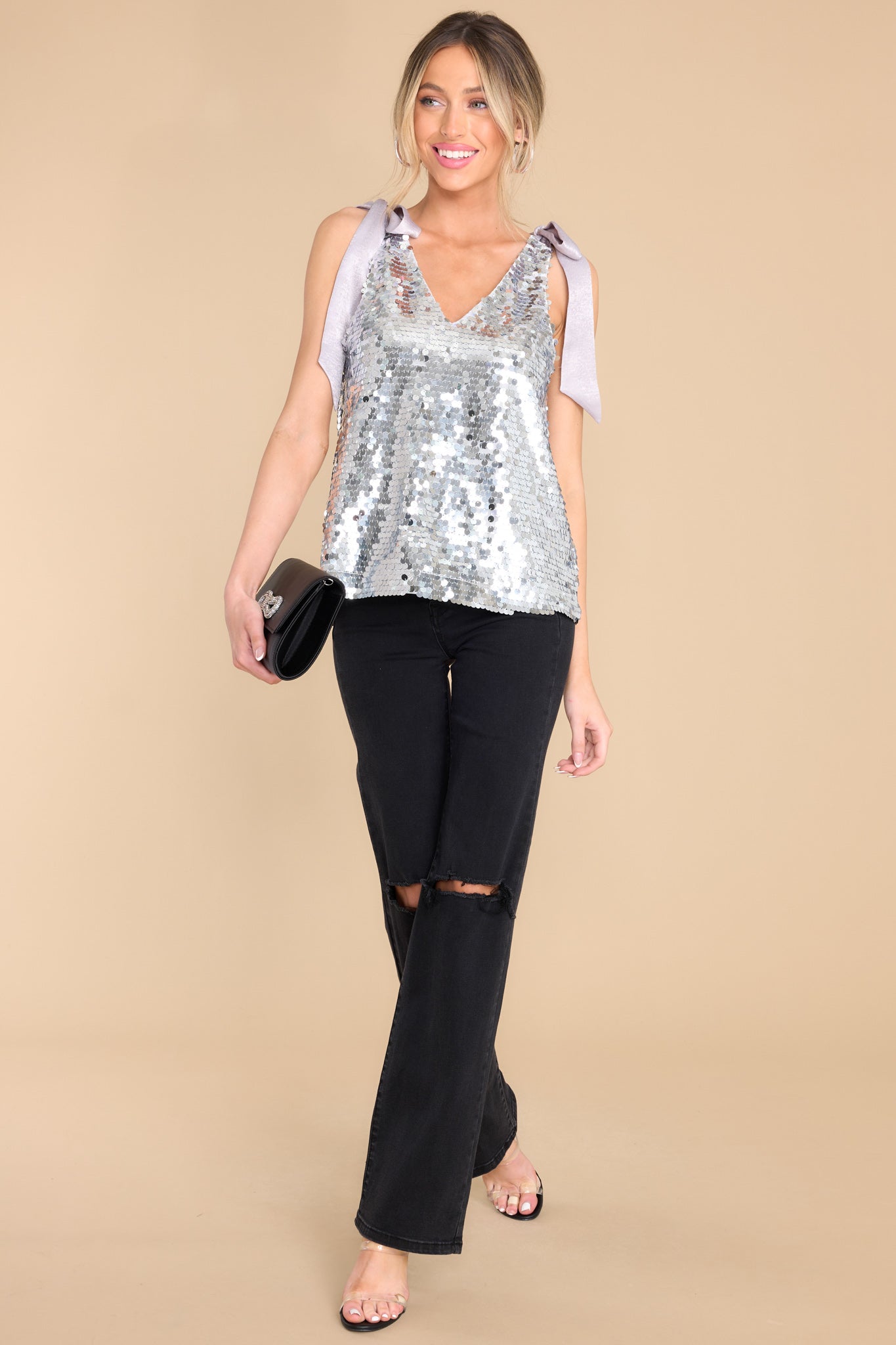 Midnight Kiss Silver Sequin Top - Red Dress