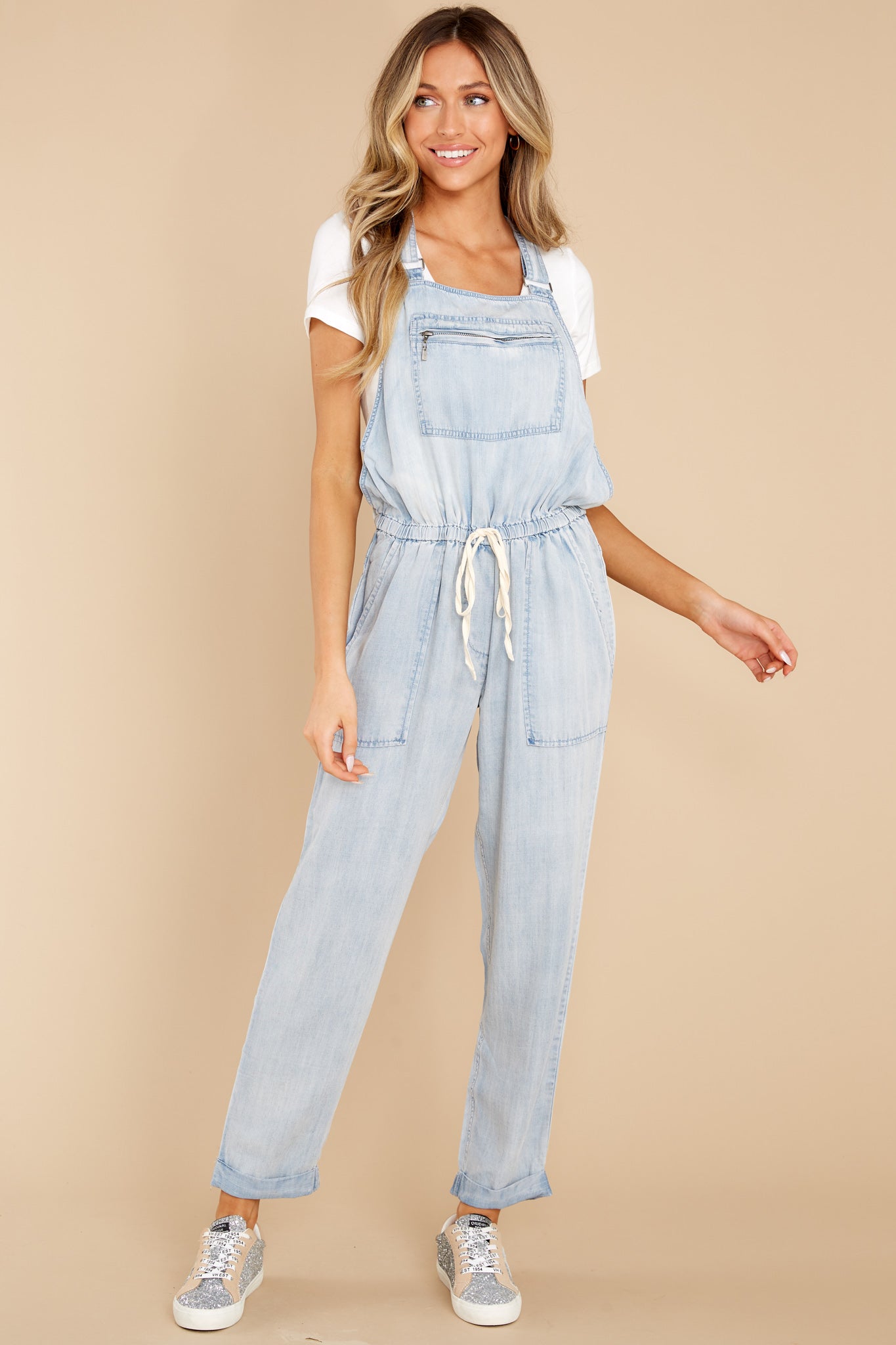 More Than Enough Light Chambray Overalls - Red Dress