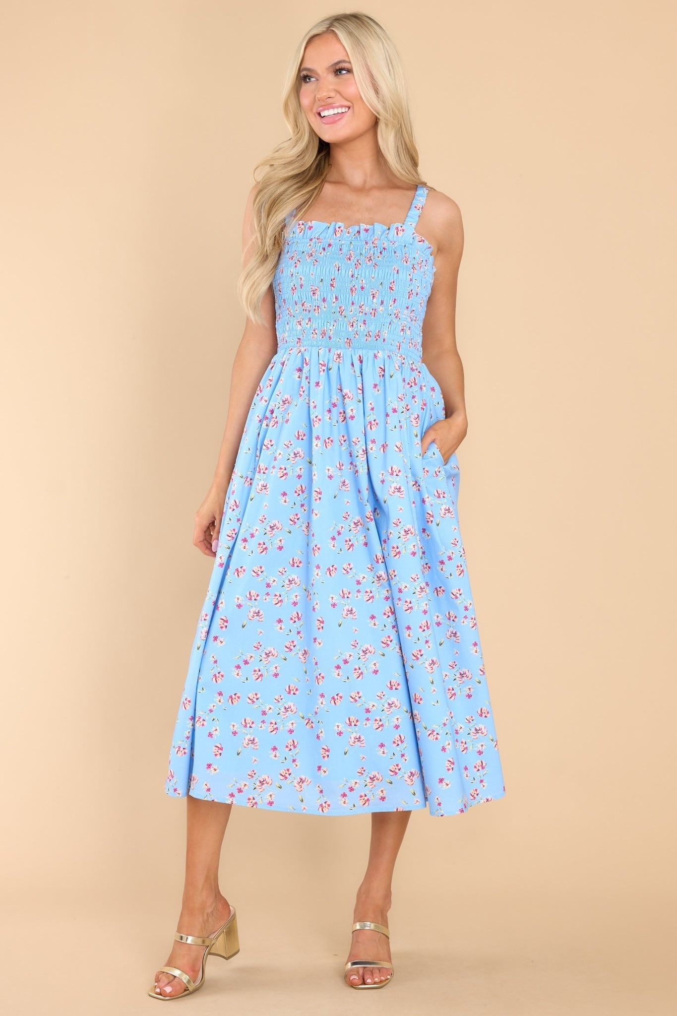 Moving Mountains Blue Floral Midi Dress - Red Dress