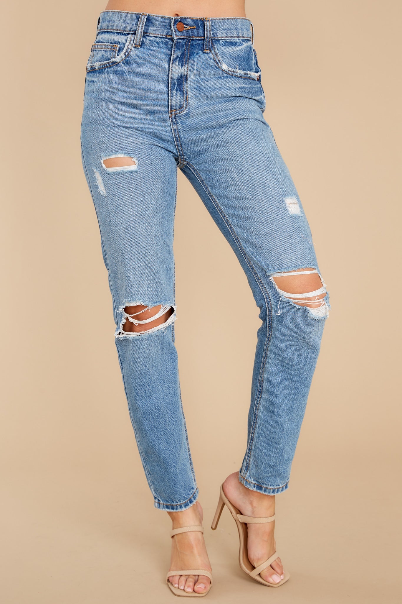 News To Me Medium Wash Distressed Straight Jeans - Red Dress