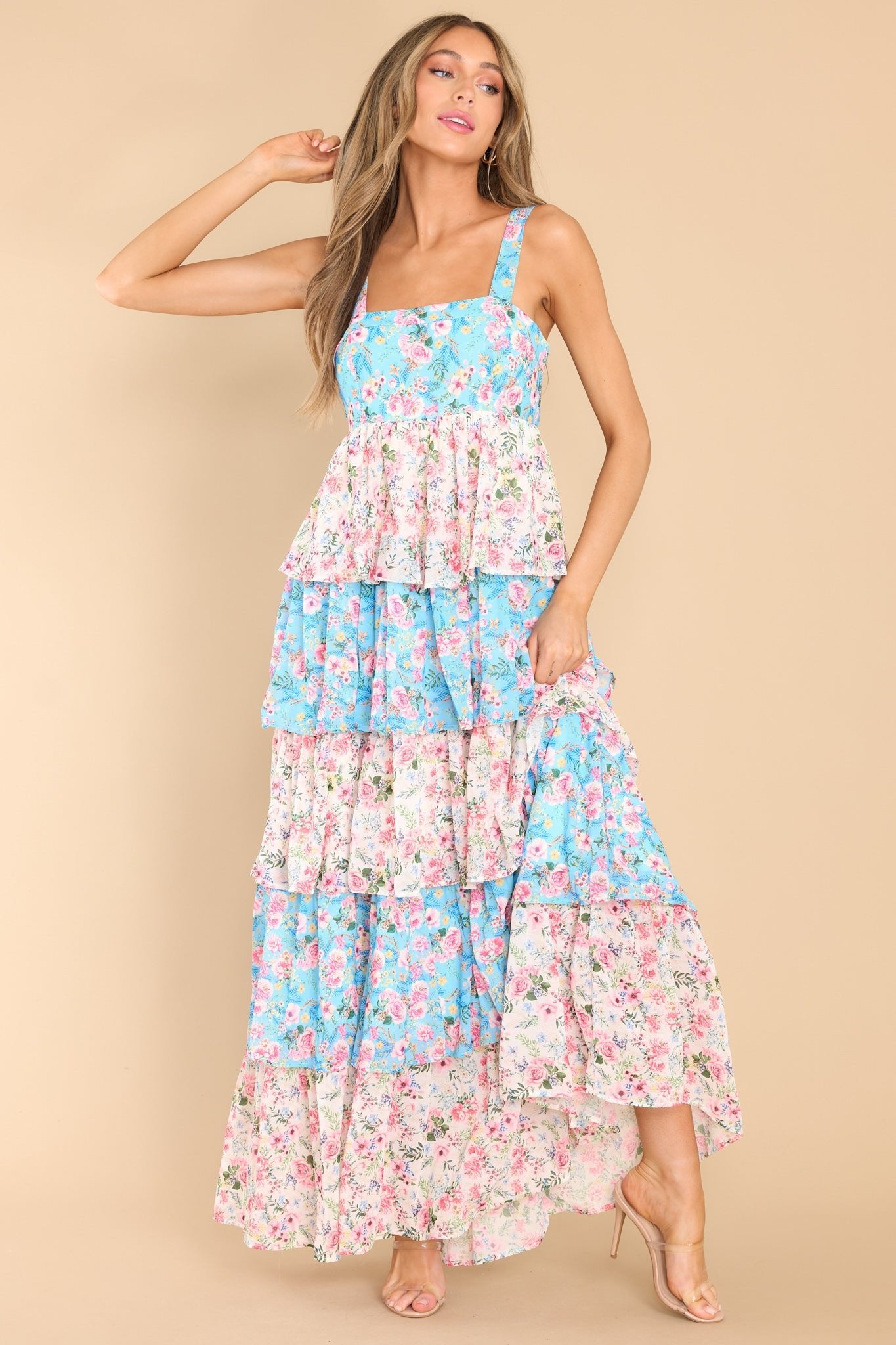 On the Edge of Spring Blue Floral Print Maxi Dress - Red Dress