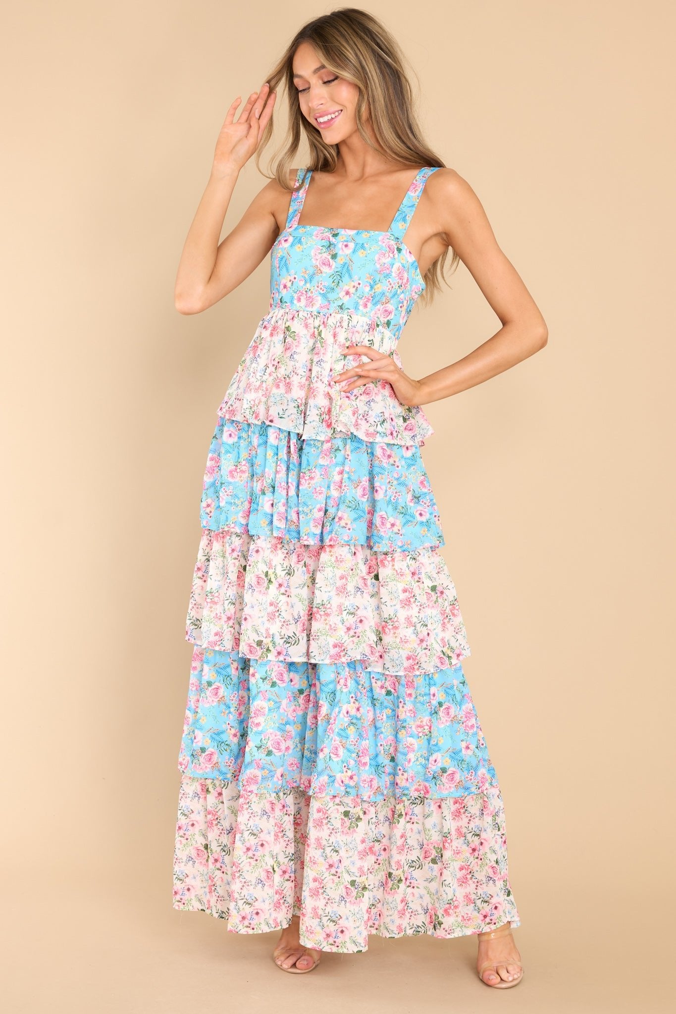 On the Edge of Spring Blue Floral Print Maxi Dress - Red Dress