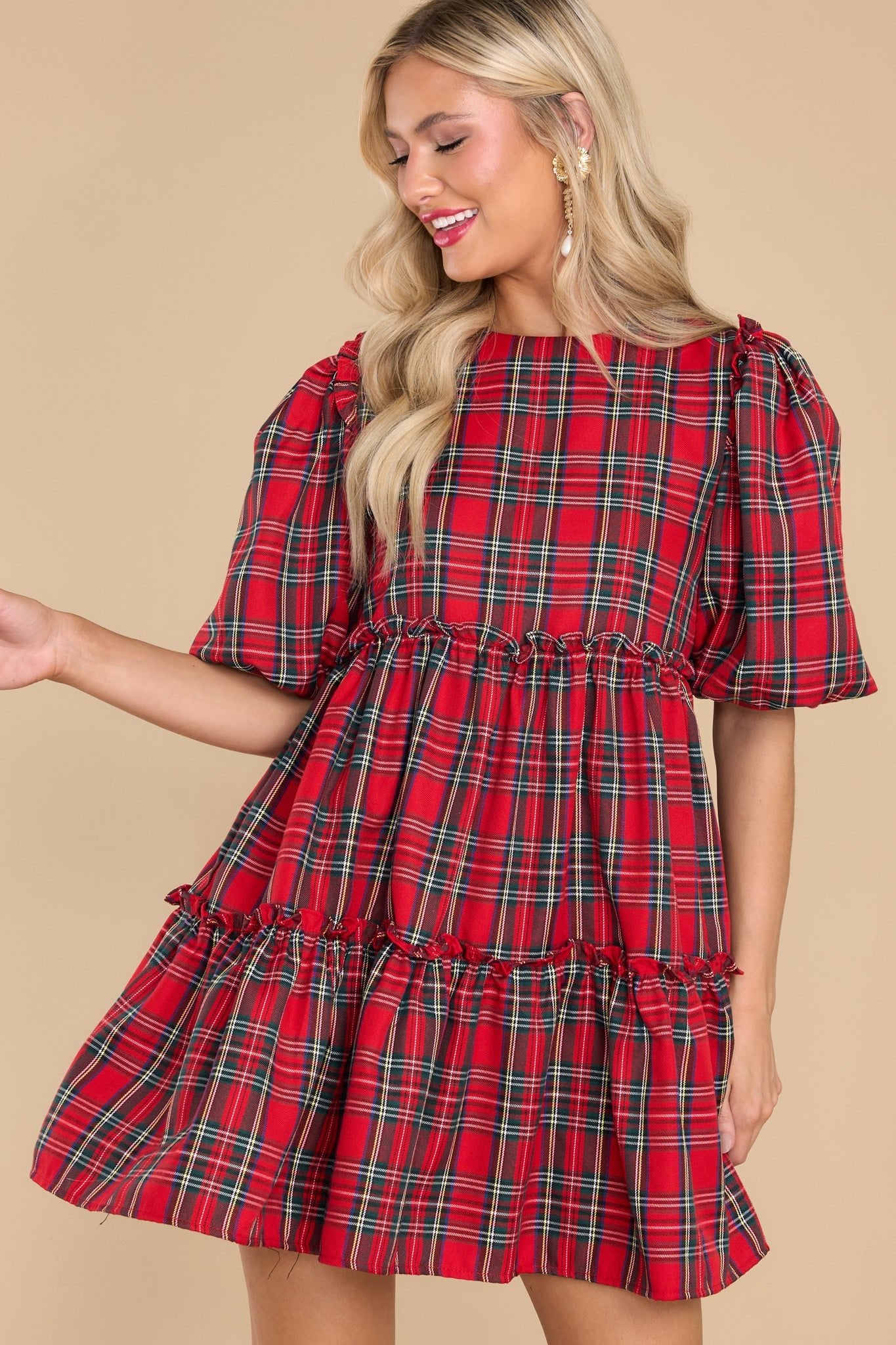 Adorable Red Multi Plaid Puff Sleeve Dress - Dresses | Red Dress