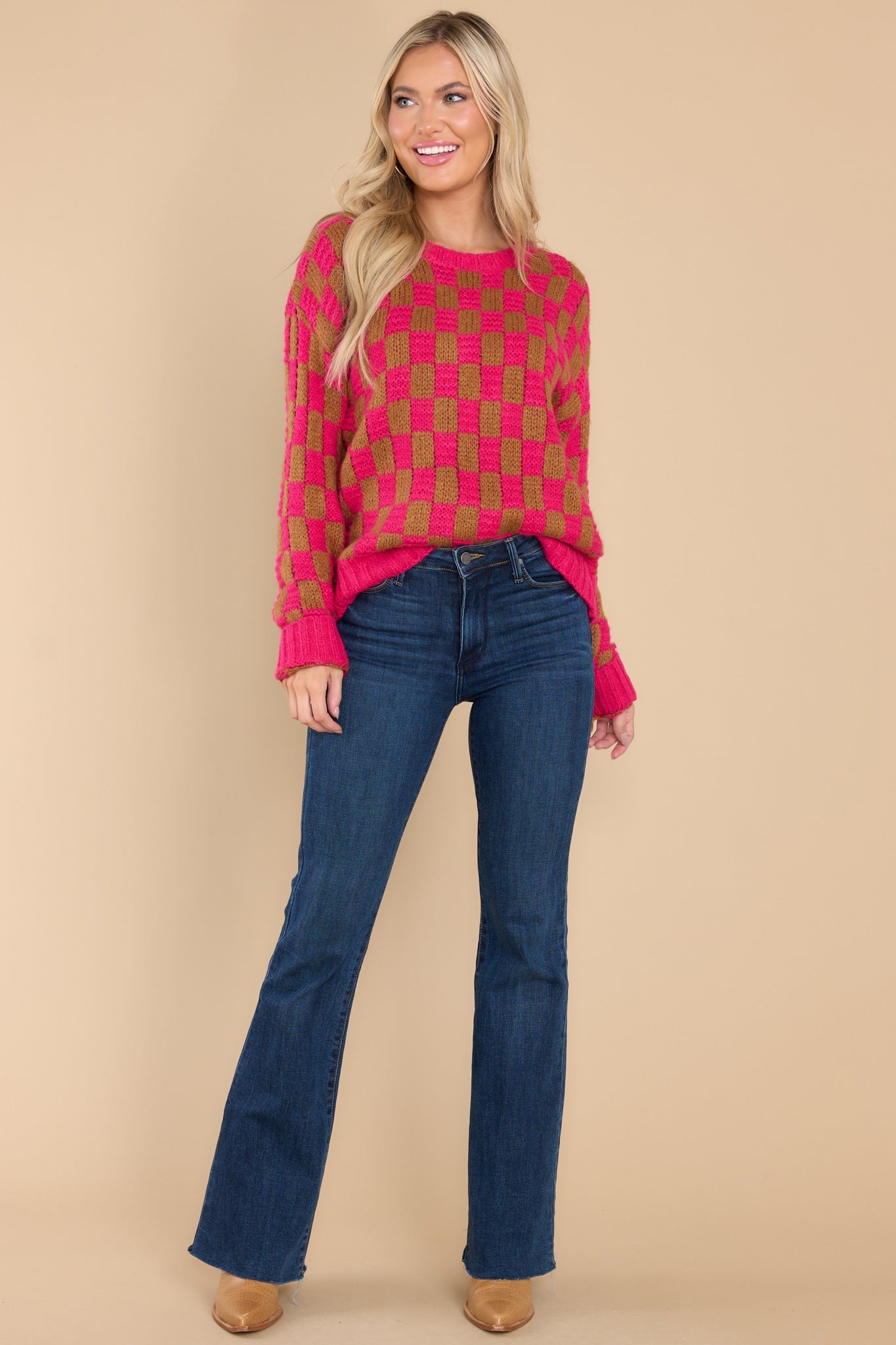 One Move Ahead Fuchsia Pink Checkered Sweater - Red Dress
