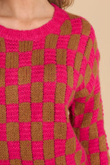One Move Ahead Fuchsia Pink Checkered Sweater - Red Dress