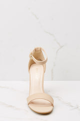 Front view of these heels that feature an adjustable ankle strap, thick block heel, and a toe strap.