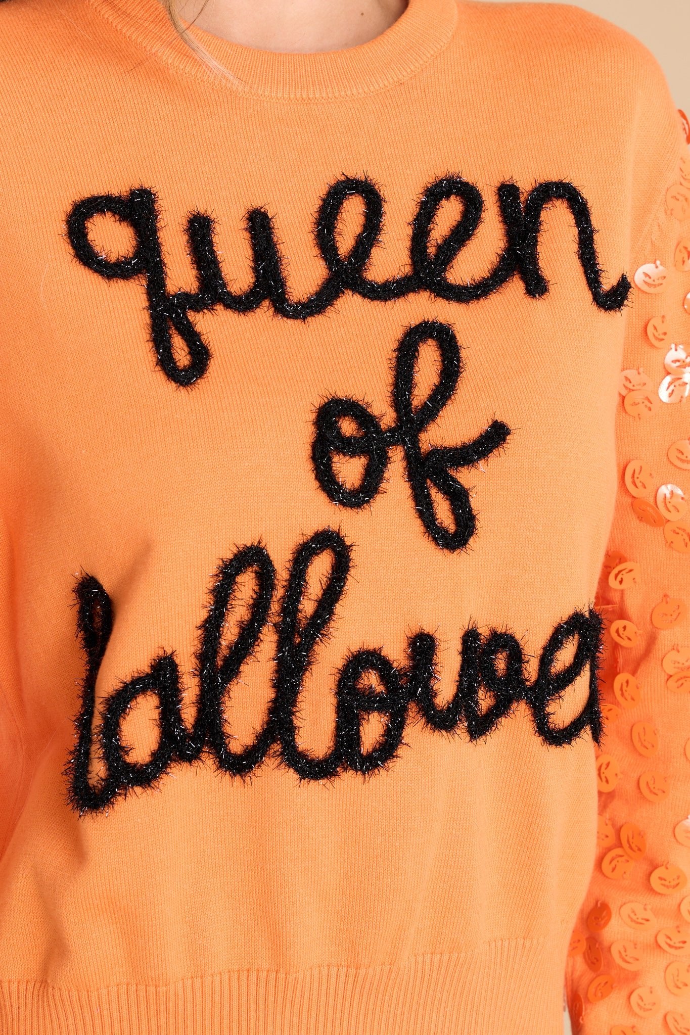 Queen Of Halloween Glitter Script Orange Sweater - Red Dress