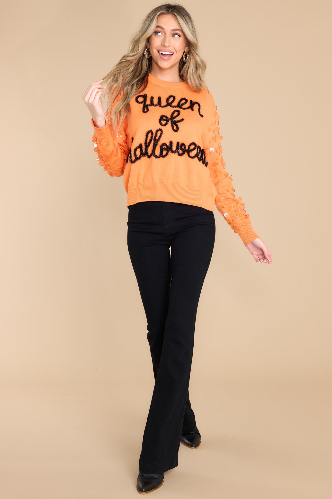 Queen Of Halloween Glitter Script Orange Sweater - Red Dress