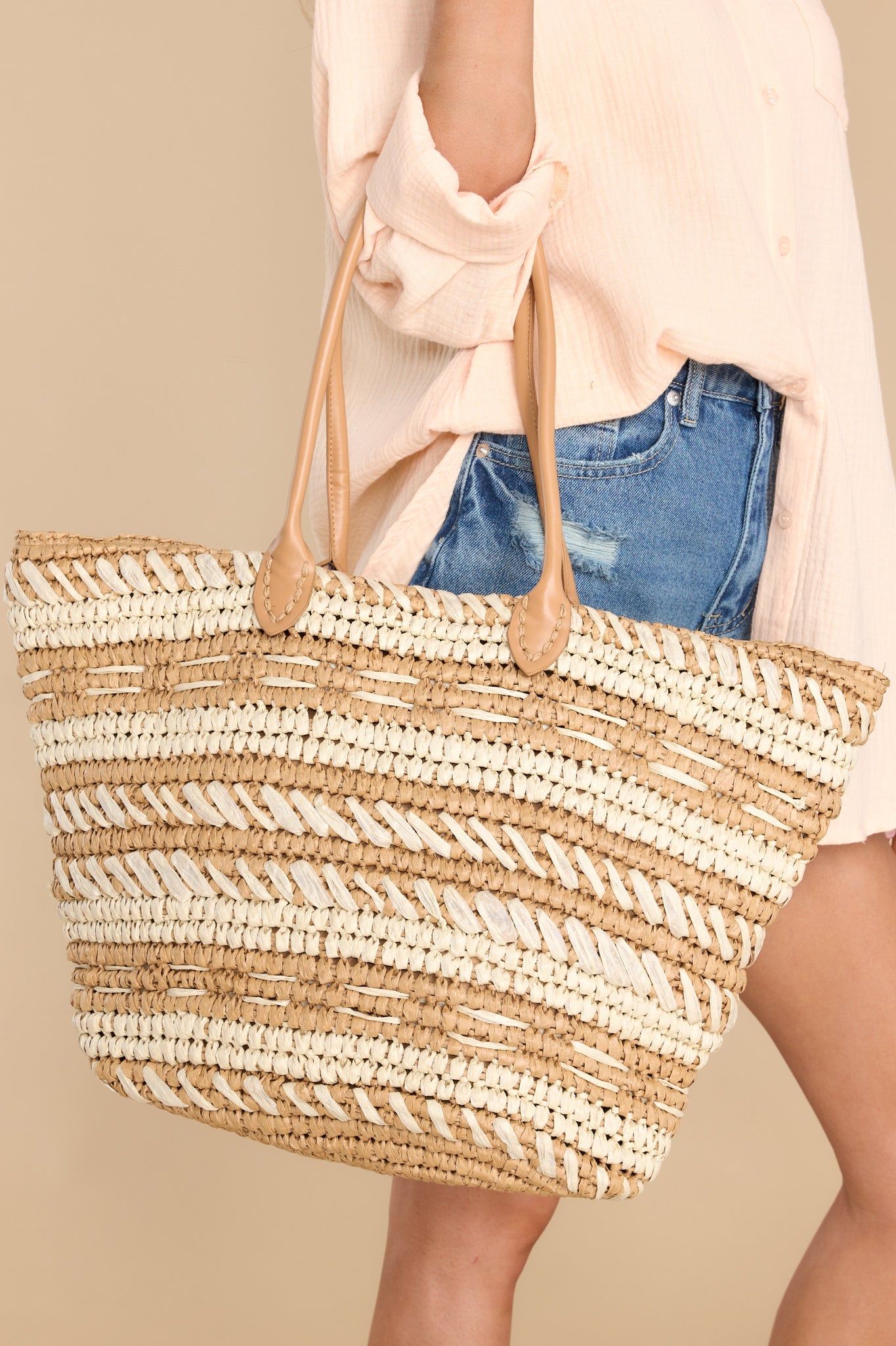 Ready For Adventures Tan Rattan Bag - Red Dress
