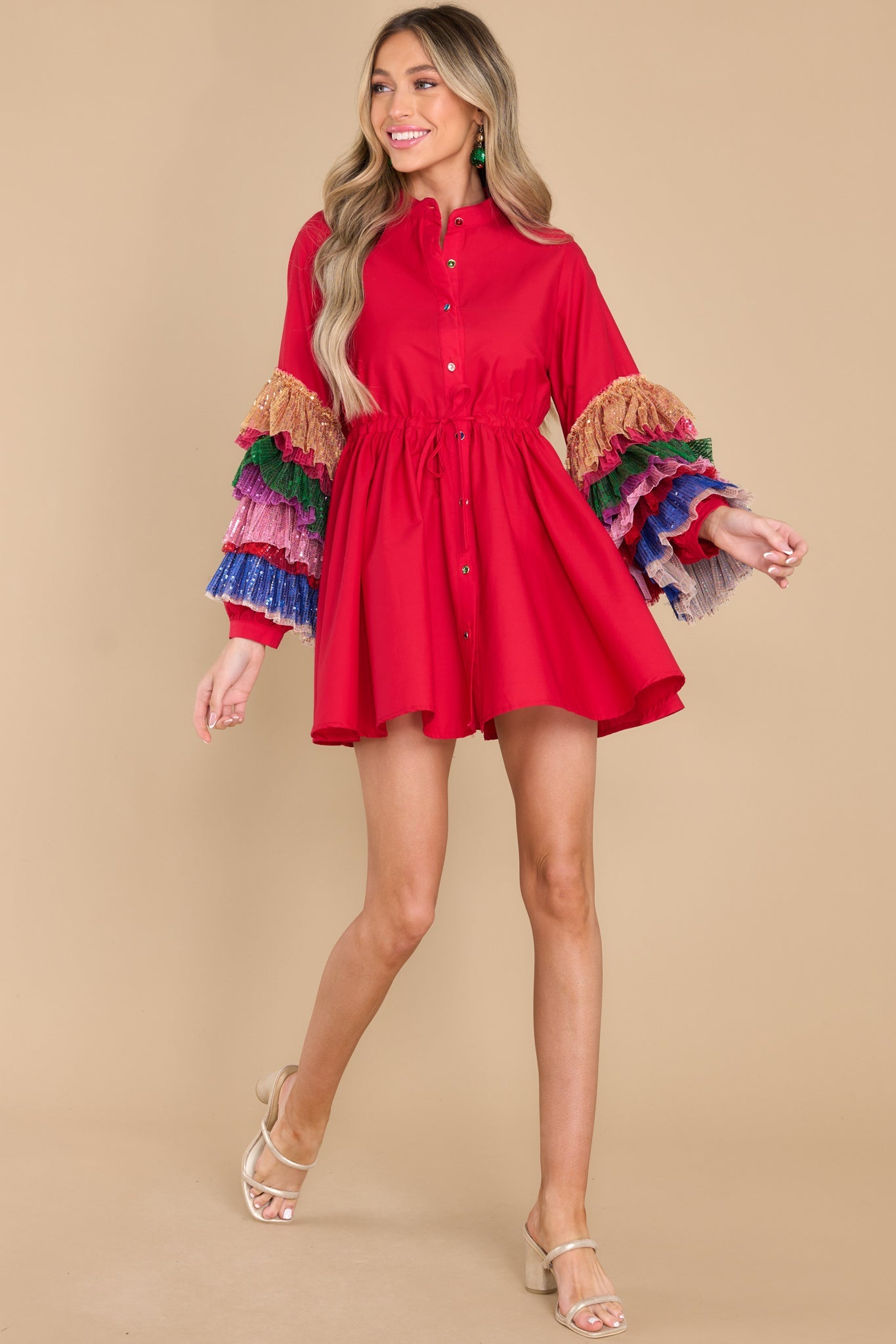 Red Cotton Tulle Sleeve Dress - Red Dress