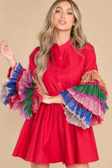 Red Cotton Tulle Sleeve Dress - Red Dress