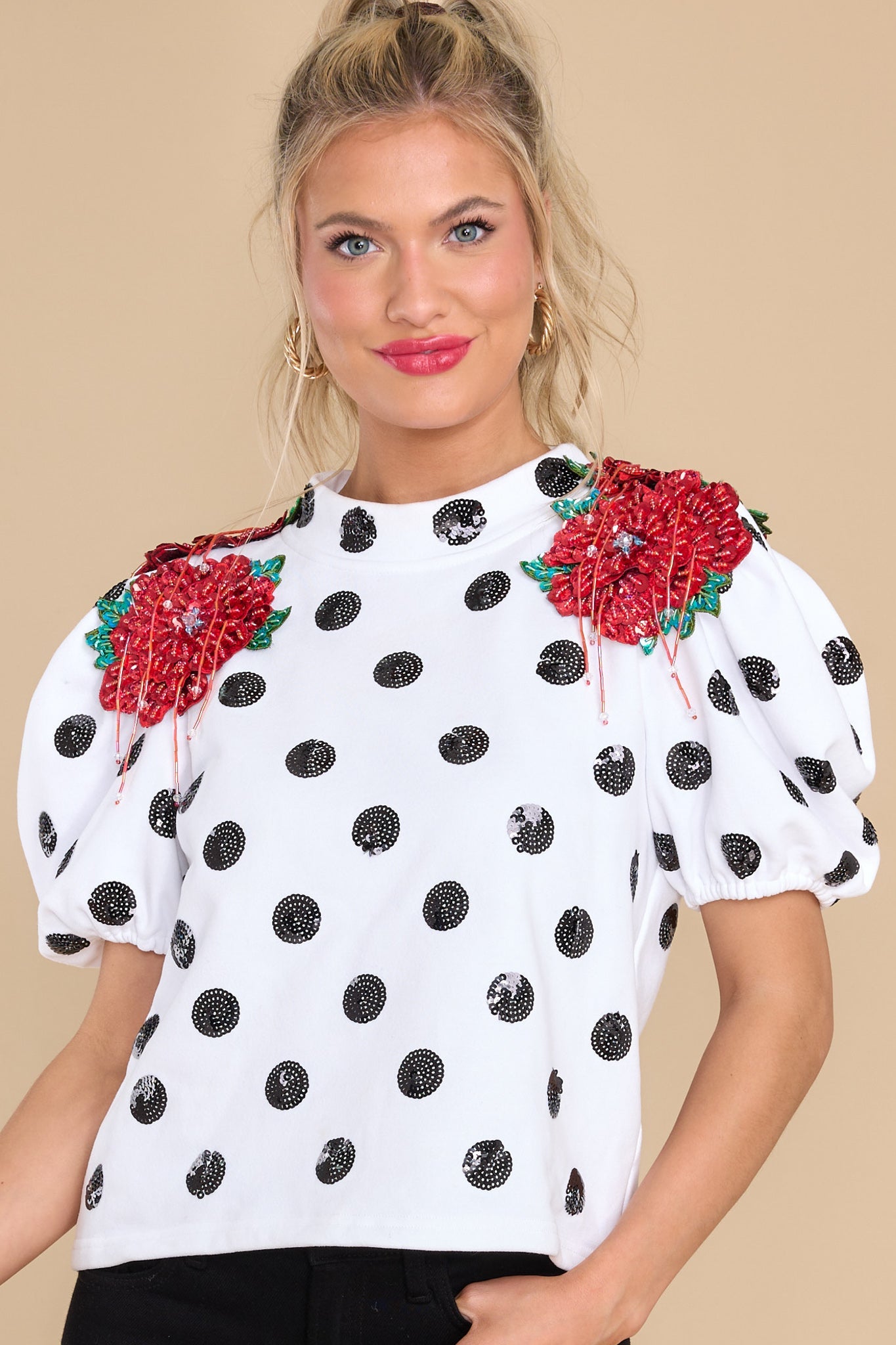 Red Flowers And White Polka Dot Top - Red Dress