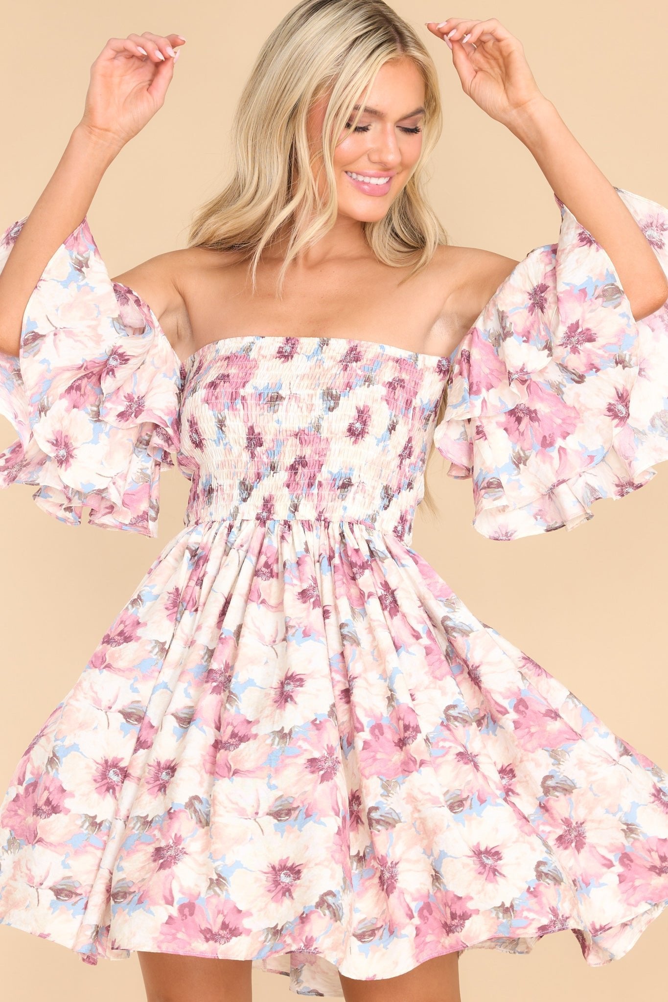 Romance In The Air Ivory Floral Dress - Red Dress