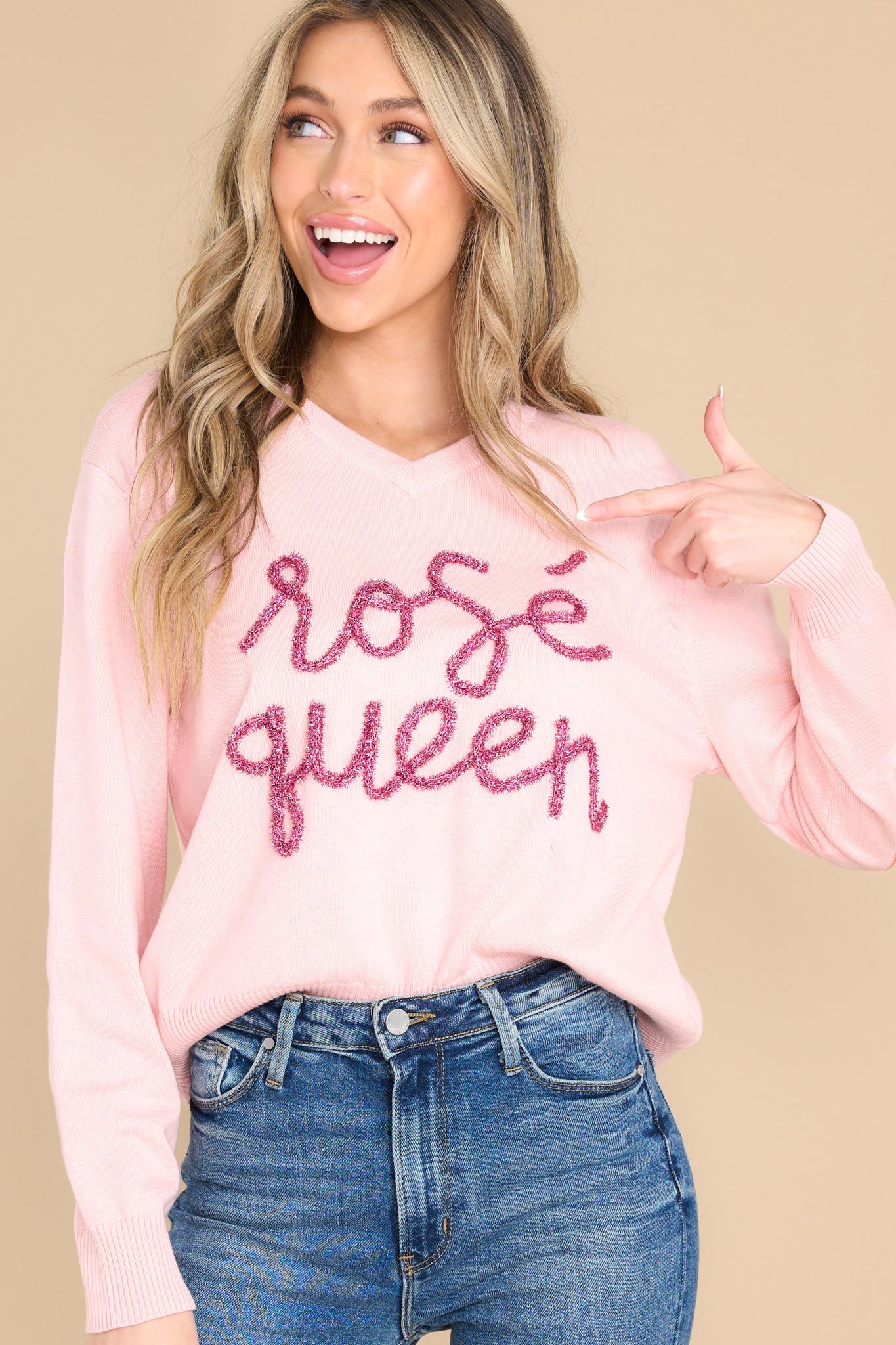 Rosé All Day Queen Pink Sweater - Red Dress