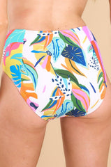 Back view of these bottoms that feature a high rise, moderate coverage, and a fun printed design.