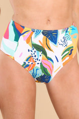 These multi-colored bottoms feature a high rise, moderate coverage, and a fun printed design.