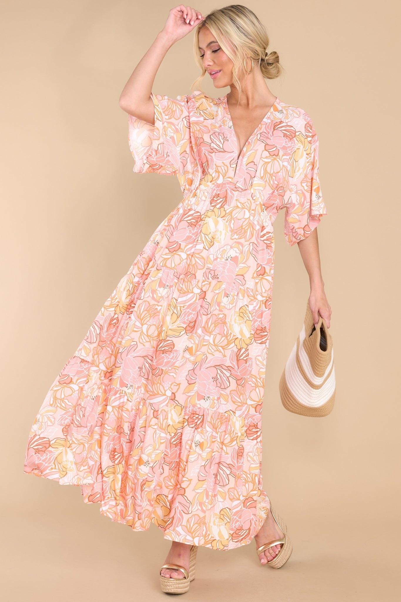 Seaside Style Apricot Floral Print Dress - Red Dress