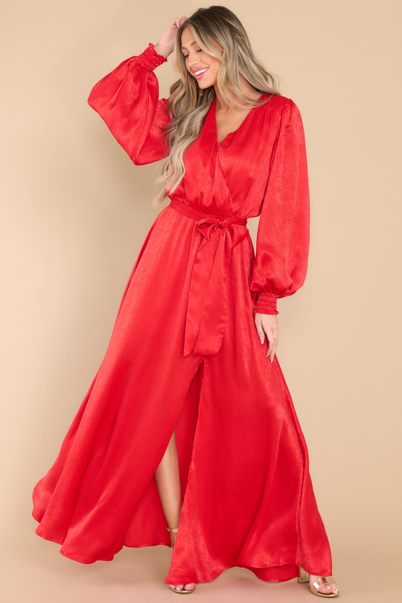 Satin Ruffle Slit Maxi Dress in Red | LUCY IN THE SKY