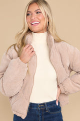 Slopes And S'mores Khaki Puffer Jacket - Red Dress