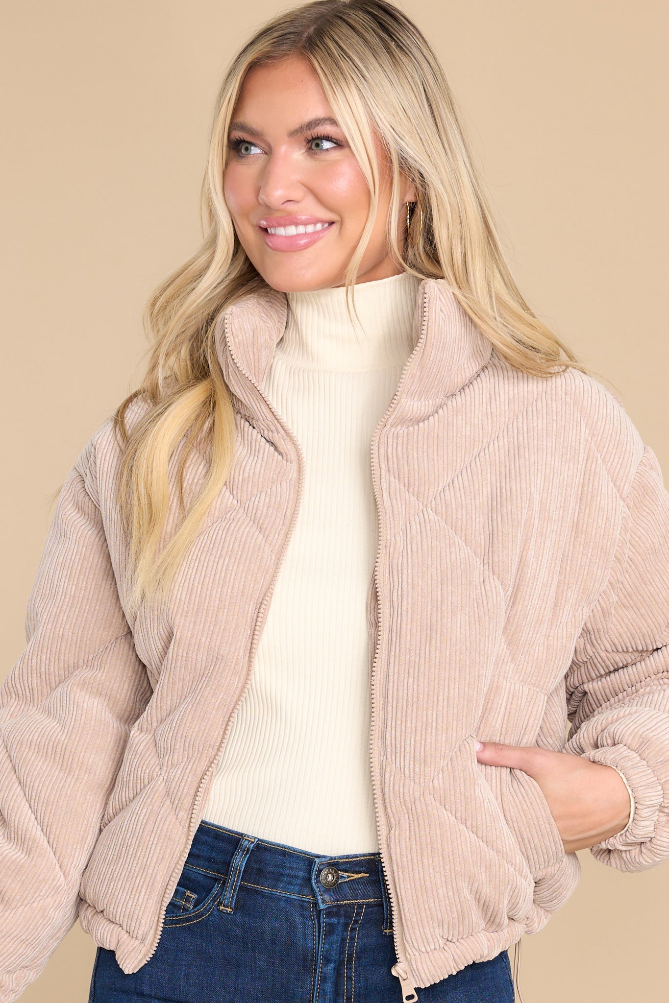 Slopes And S'mores Khaki Puffer Jacket - Red Dress