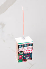 Top view of this multi-colored ornament that features a 