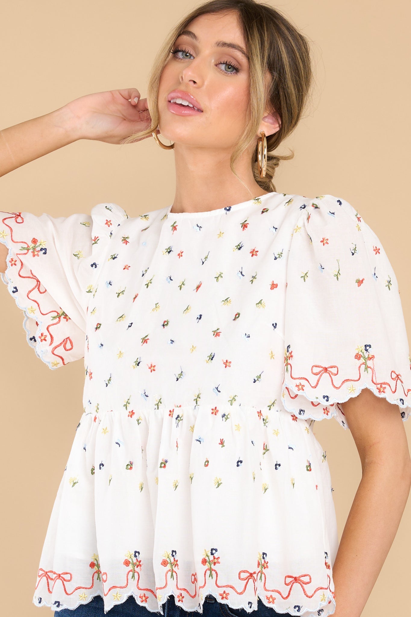 Sweet Beauty White Floral Embroidered Top - Red Dress