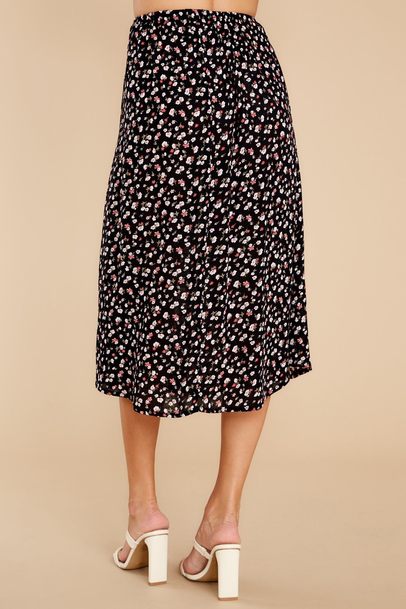 Tango In The Night Black And Spiced Coral Floral Midi Skirt - Red Dress