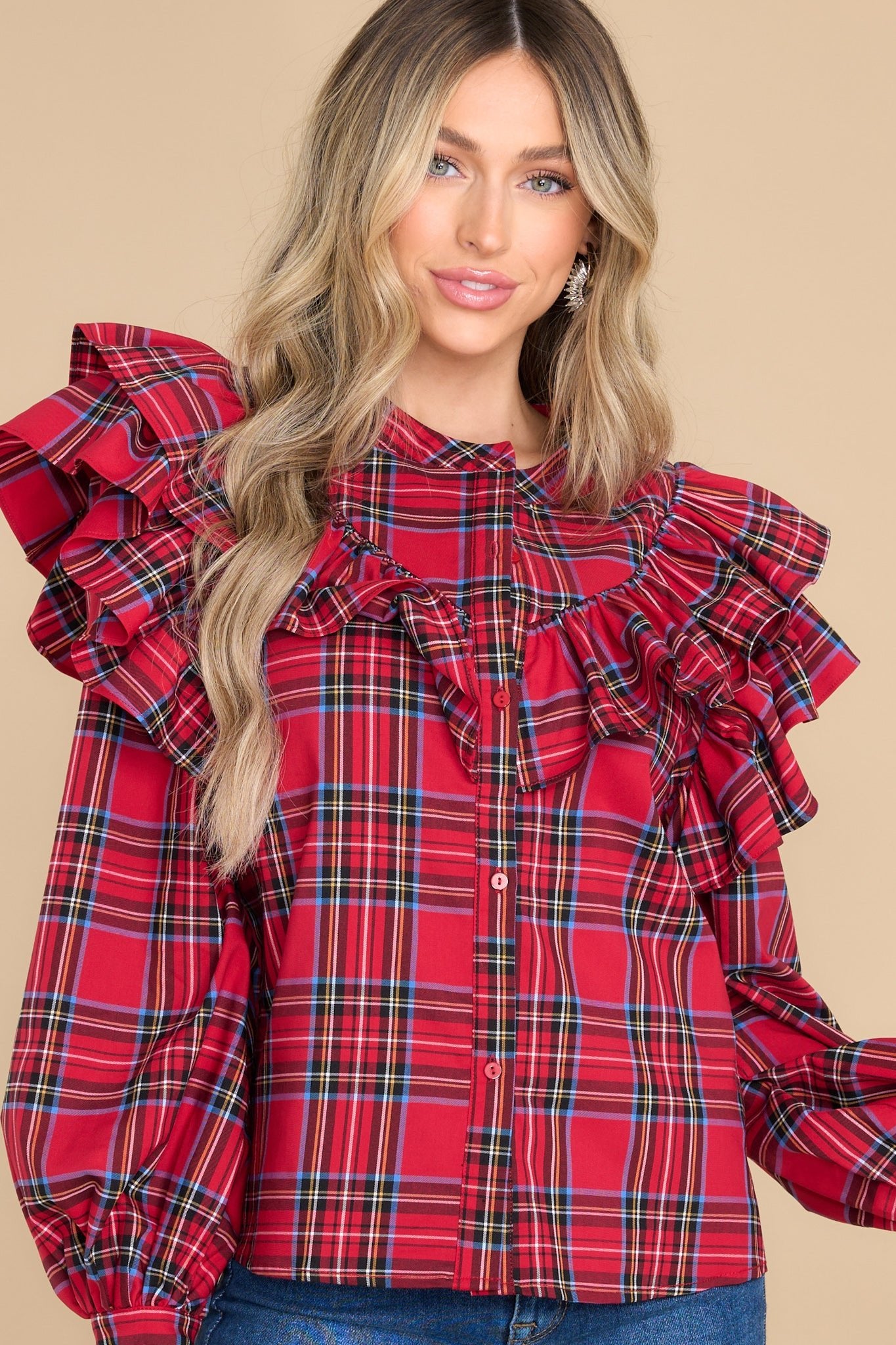 Chic Red Plaid Long Sleeve Top - Blouses And Shirts | Red Dress
