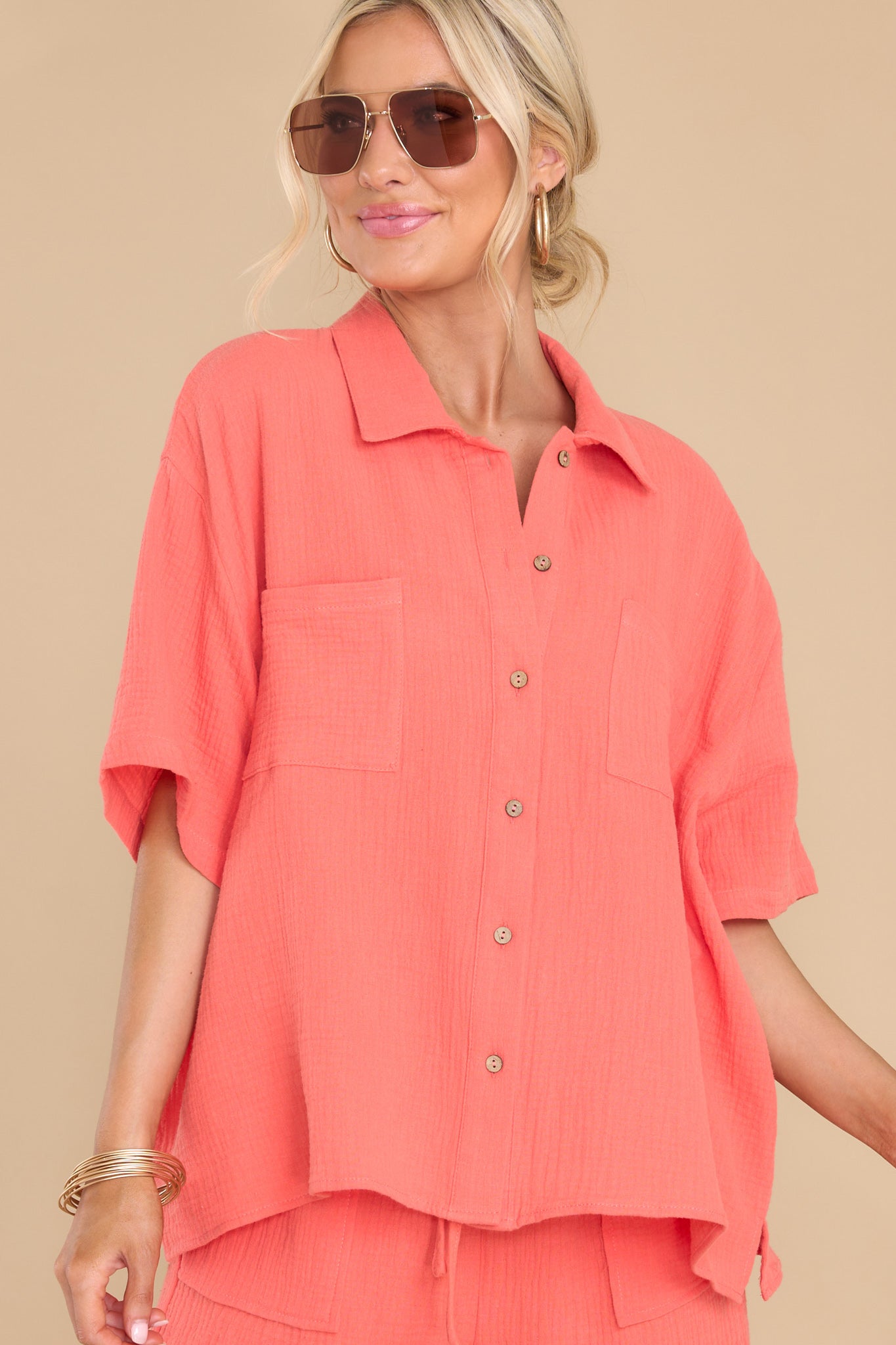 The Brightest Days Coral Gauze Top - Red Dress