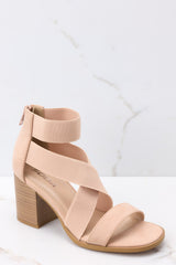 Close up view of these heels that feature a rounded toe, a strap across the top of the foot, two stretchy criss-cross straps, and a stretchy strap around the ankle, as well as a block heel and a zipper at the back of the ankle.