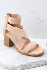 Outer-side view of these heels that feature a rounded toe, a strap across the top of the foot, two stretchy criss-cross straps, and a stretchy strap around the ankle, as well as a block heel and a zipper at the back of the ankle.