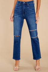 The Wait Is Over Dark Wash Distressed Straight Jeans - Red Dress