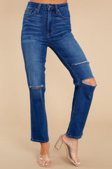 The Wait Is Over Dark Wash Distressed Straight Jeans - Red Dress